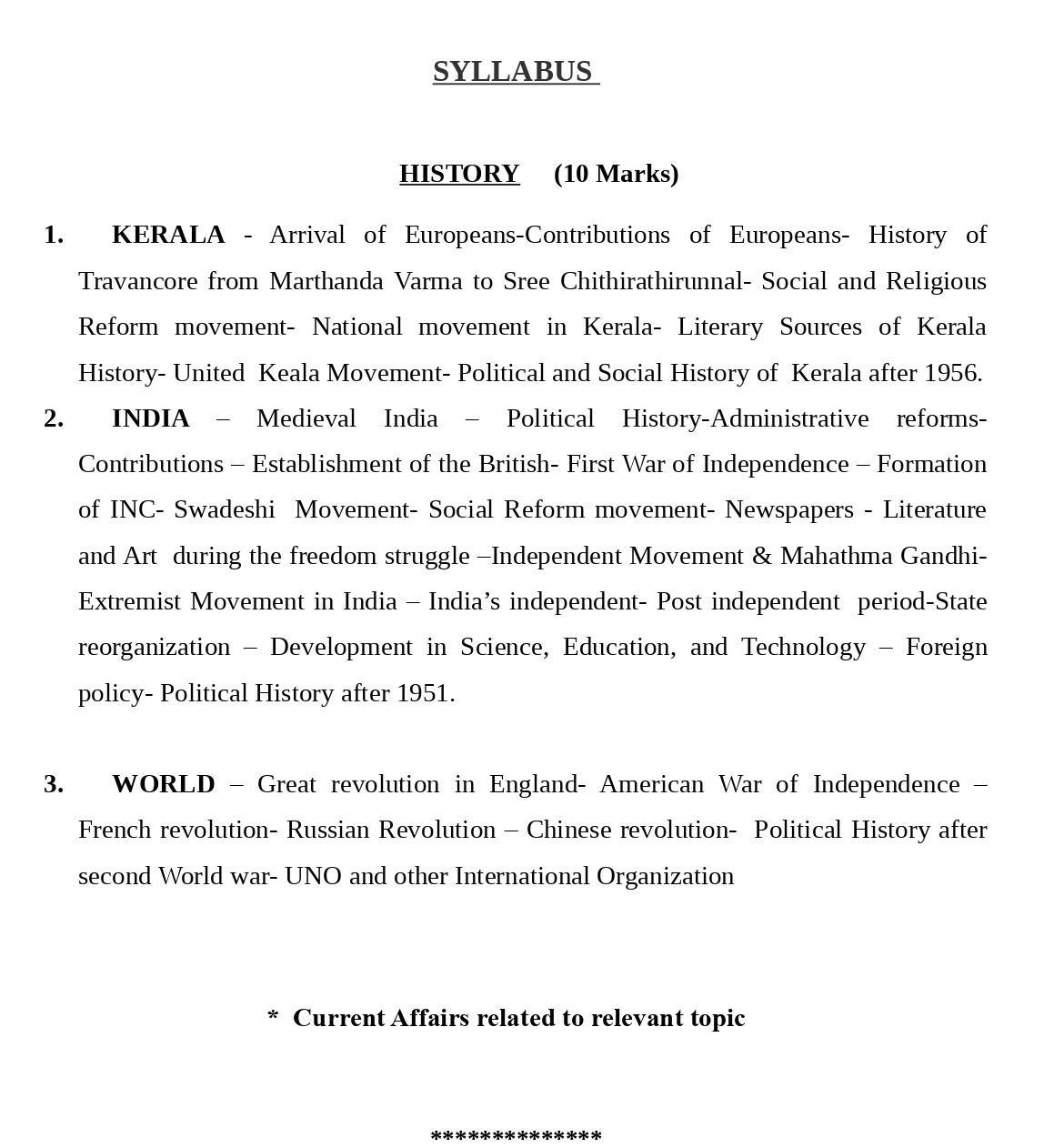 KERAL PSC SI PRELIMS SYLLABUS